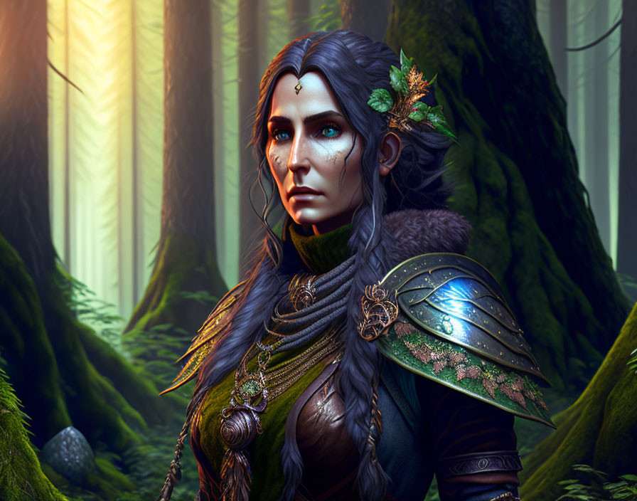 Female elf in intricate armor in enchanted forest with sun rays