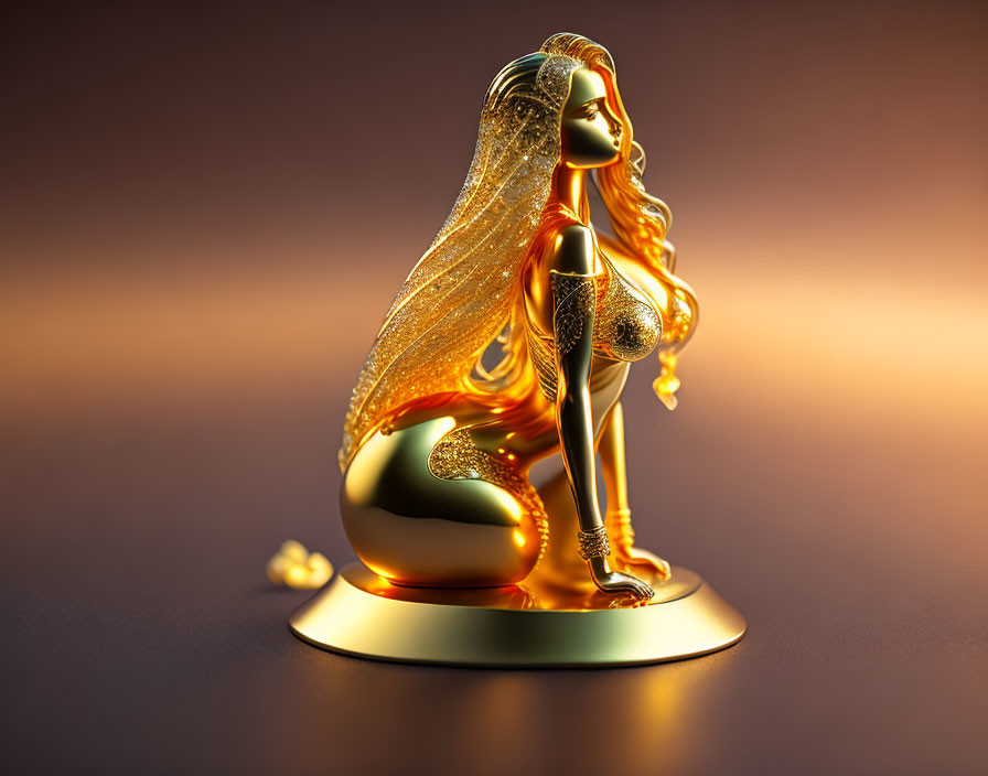 Golden stylized mermaid figurine on pedestal against warm backdrop