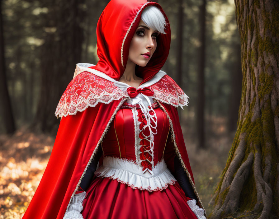 Person in Red and White Hooded Cloak in Forest with Little Red Riding Hood Theme