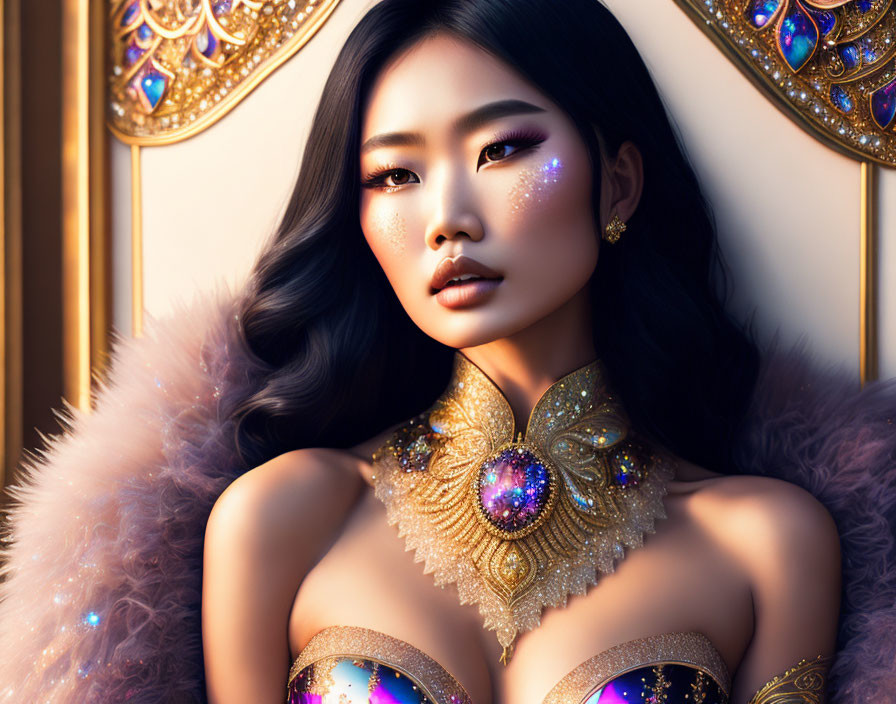 Digital artwork of woman with elegant makeup and luxurious jewelry surrounded by ornate golden details