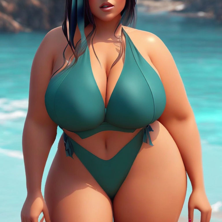 Curvy cartoon woman in teal bikini on beach with ocean background