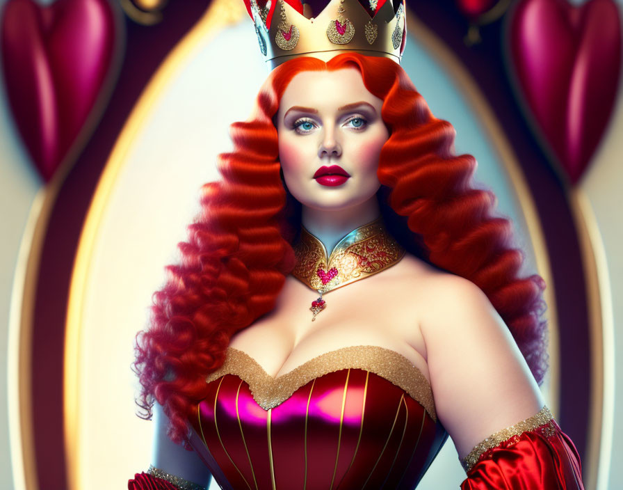 Regal woman with red hair and golden crown on heart-themed backdrop