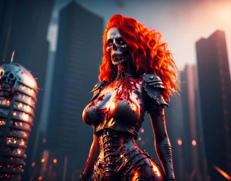 Red-haired cyborg woman and robotic skeleton in futuristic cityscape at dusk