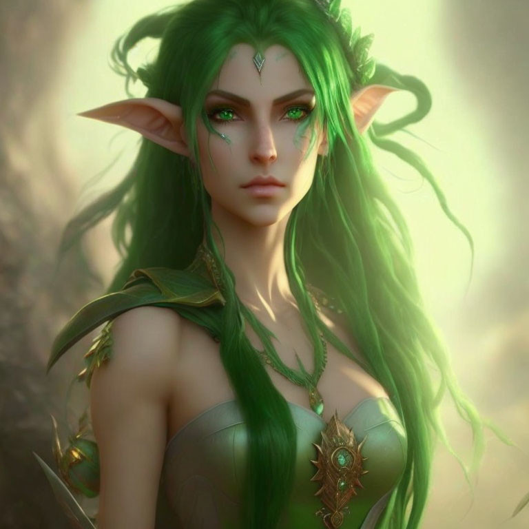 Fantasy illustration of female elf with vibrant green hair, pointed ears, and nature-themed armor.