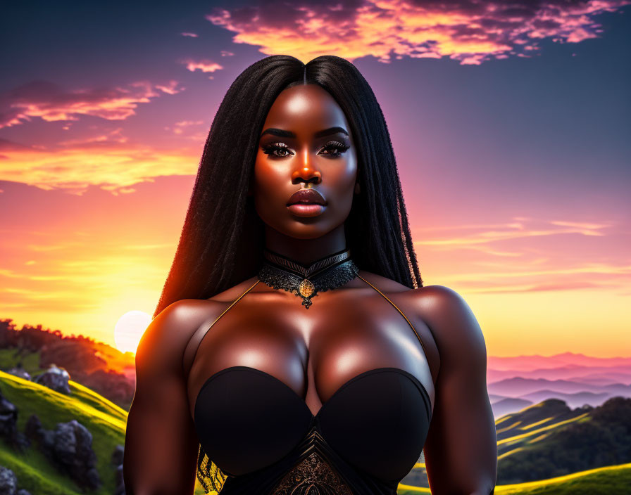 Digital artwork: Woman with long black hair in dark outfit against vivid sunset and rolling hills