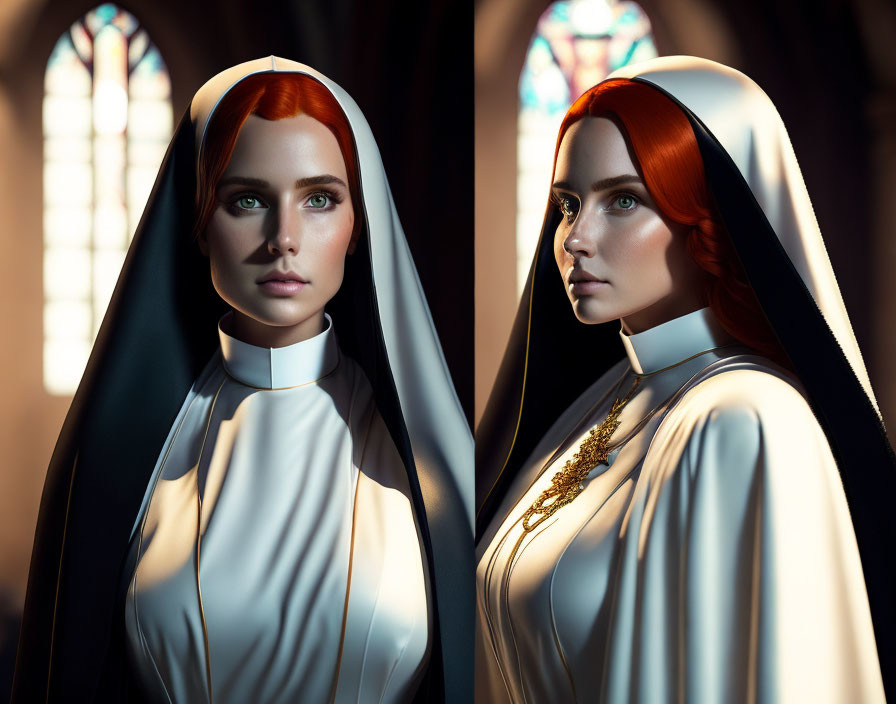 Digital artwork featuring woman with red hair as nun and secular figure against stained-glass backdrop