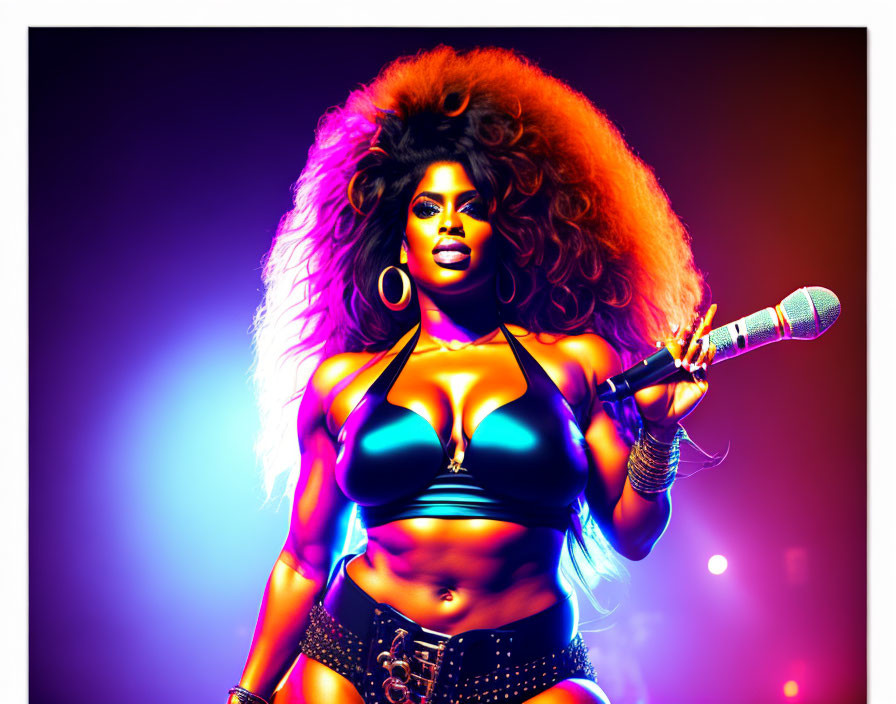 Colorful Digital Illustration of Performer with Voluminous Hair and Microphone