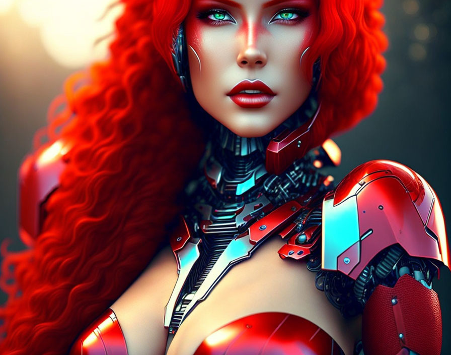 Vibrant red-haired female cyborg with blue eyes and futuristic armor