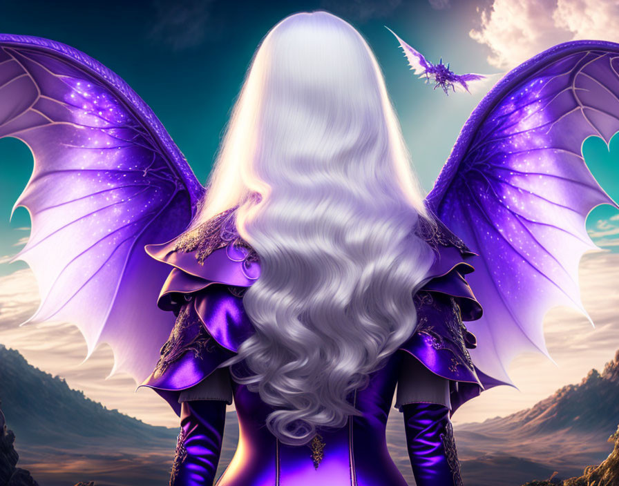 White-haired figure with purple dragon wings in cloudy sky with small dragon.