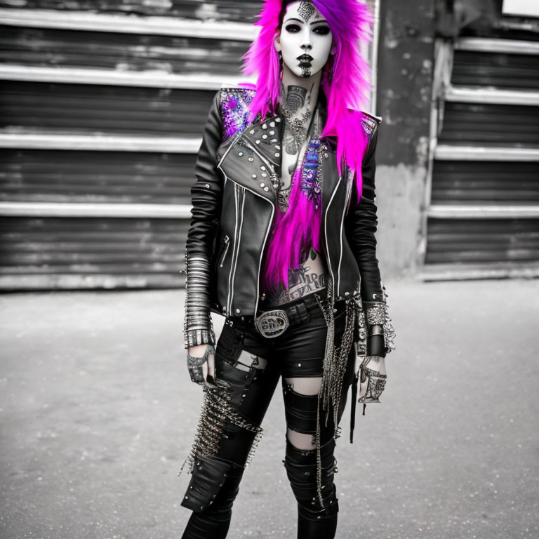 Vivid Pink Hair Punk Rock Outfit with Leather Jacket & Studded Accessories