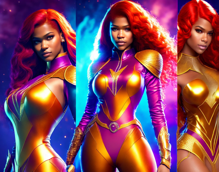 Woman in Vibrant Superhero Costume Poses Against Cosmic Background