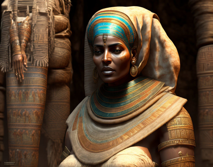 Digital portrait of woman in African attire with head wrap and jewelry against carved columns