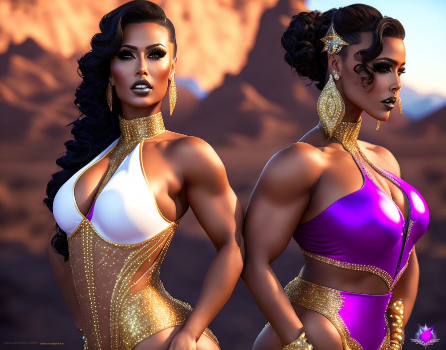 Stylized virtual models in glamorous bodysuits with elaborate hairstyles on desert backdrop