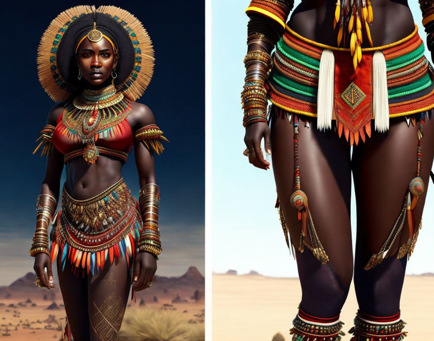 Digital artwork of woman in African-inspired regalia against desert backdrop