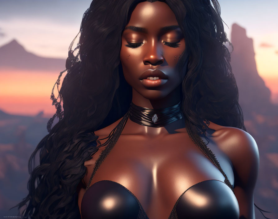 Digital artwork of woman with dark skin and wavy hair against sunset backdrop