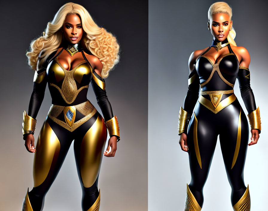 Superheroine illustrations in gold and black attire with long and short hair on gradient backdrop