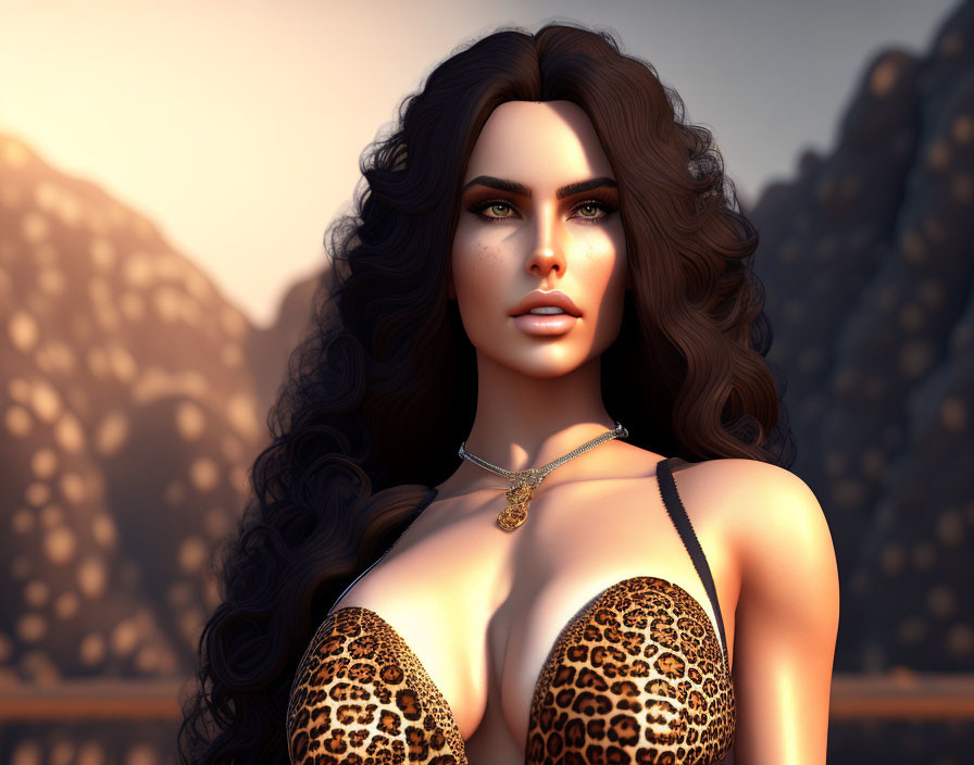 3D render of woman with long dark hair in leopard print top against sunset mountains