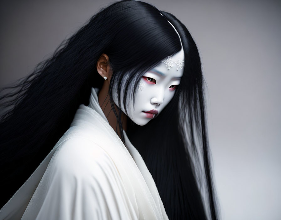 Mystical figure with long black hair and red eyes in white garment