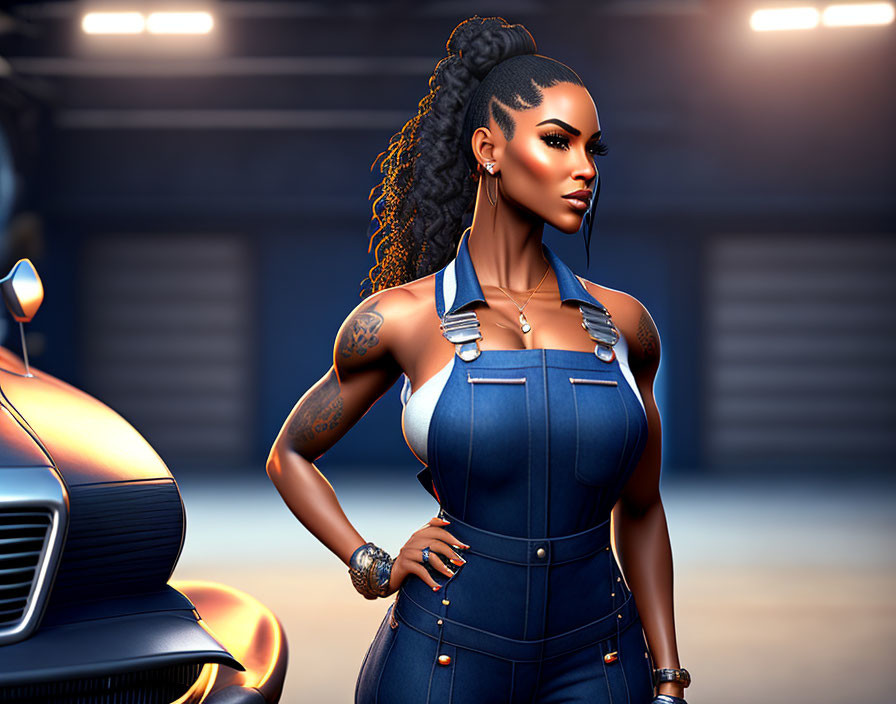 Stylish woman in denim jumpsuit with tattoos and braided hair next to car