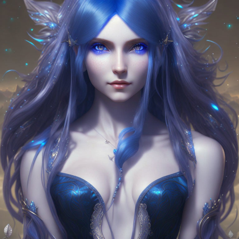 Fantasy Illustration of Female Figure with Blue Hair and Luminous Eyes