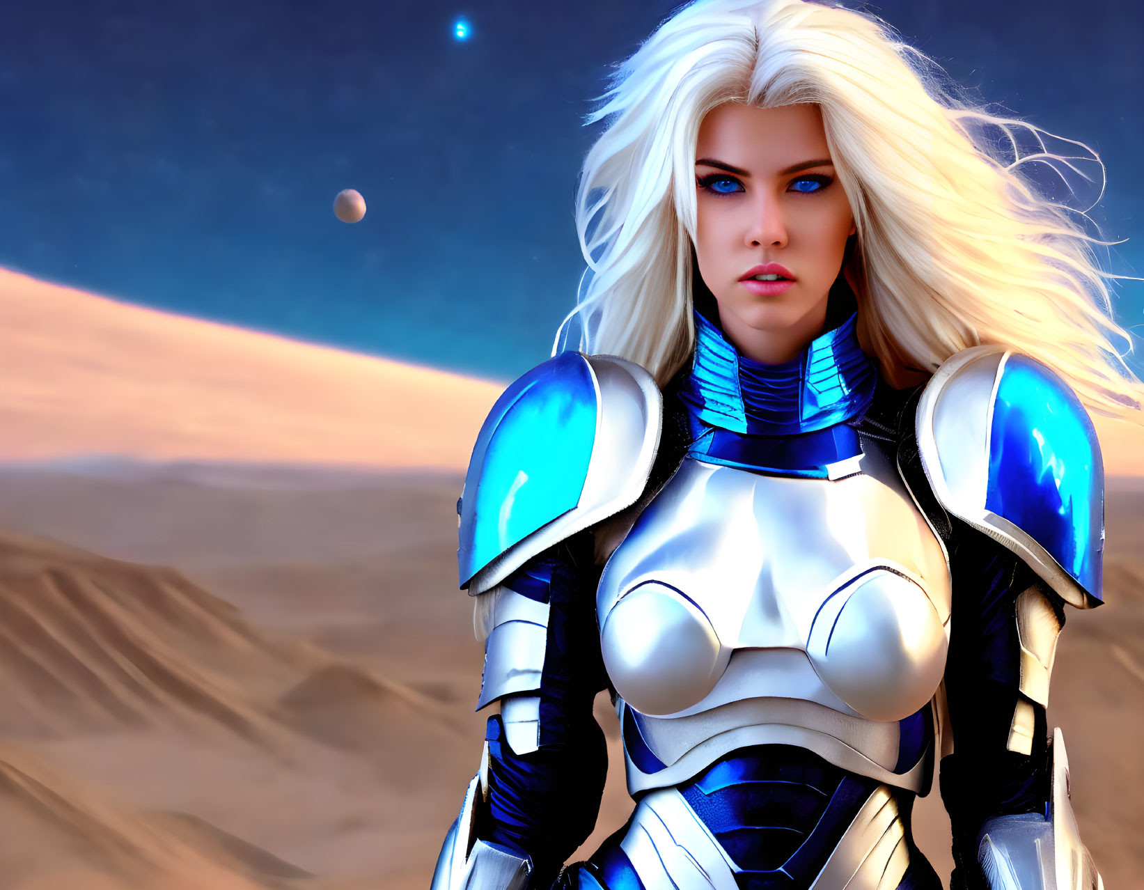 Digital artwork: Female character with white hair and blue eyes in futuristic armor against desert backdrop with planet in