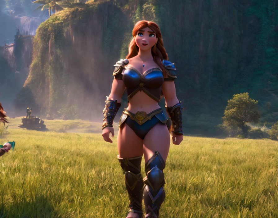 Red-Haired Female Warrior in Blue Armor on Grassland