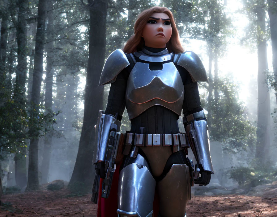 Silver-armored female character in forest with diffused sunlight