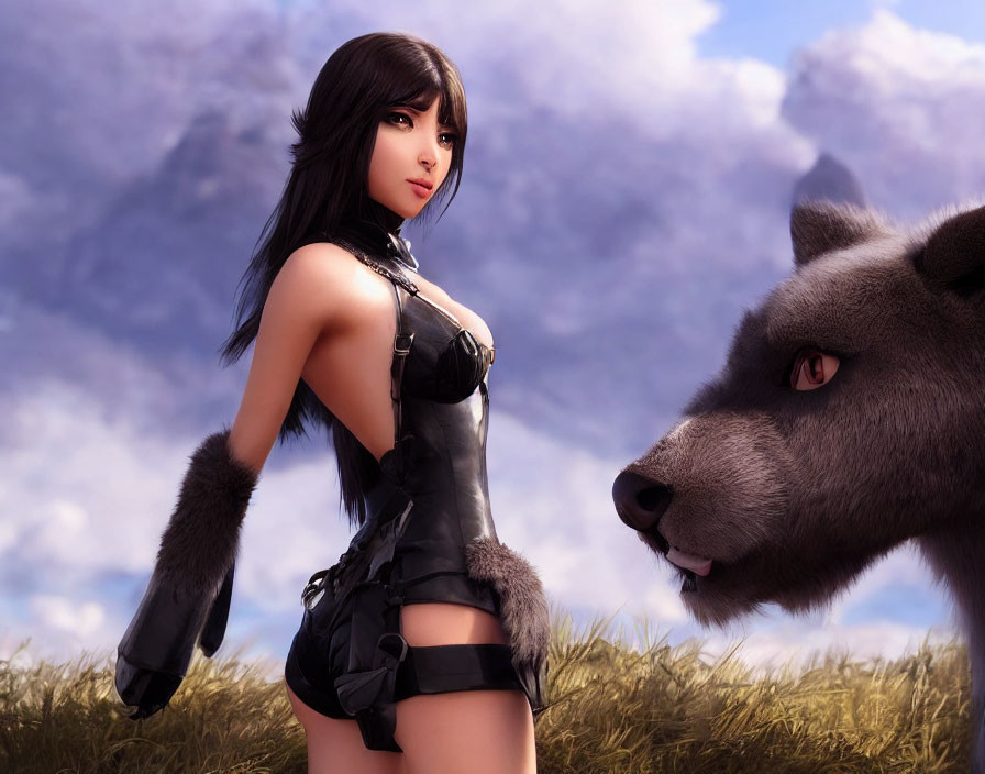 Fantasy-themed 3D render with woman and wolf on grassy plain