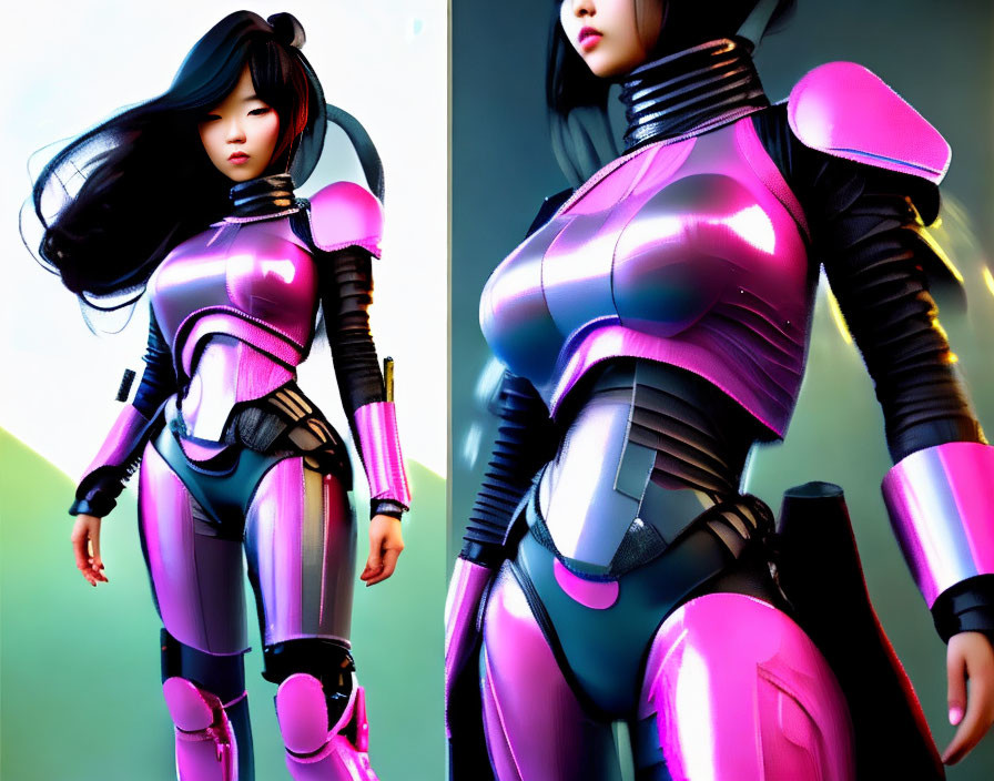 Futuristic female character in purple and black suit with glowing elements