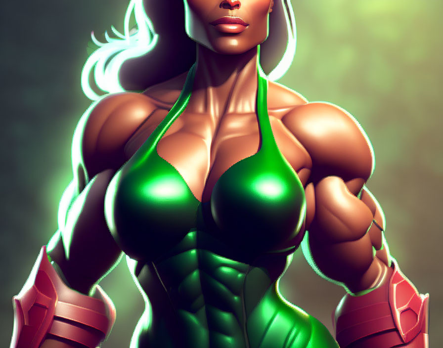 Muscular Female Character with Glowing White Hair in Green Bodysuit