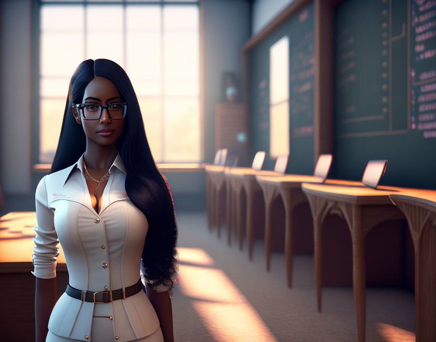 Digital artwork: Stylish woman with glasses and long hair in modern classroom setting.