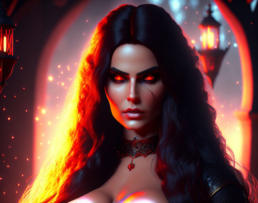 Digital Artwork: Woman with Red Eyes and Black Hair in Mystical Flame-lit Setting