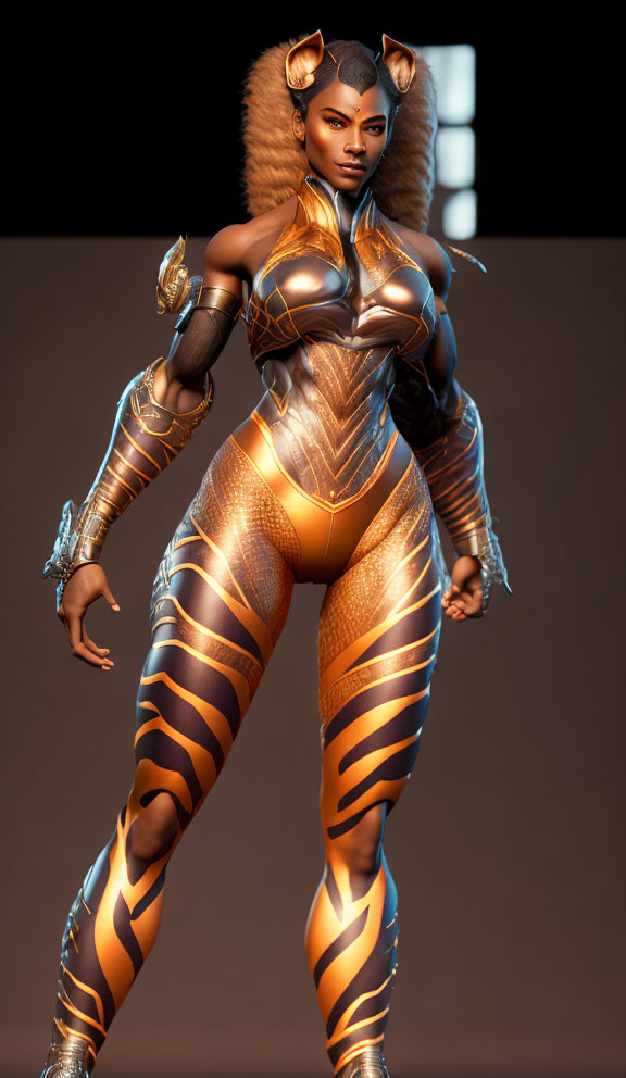 Futuristic warrior woman in metallic gold and black bodysuit with fur accents