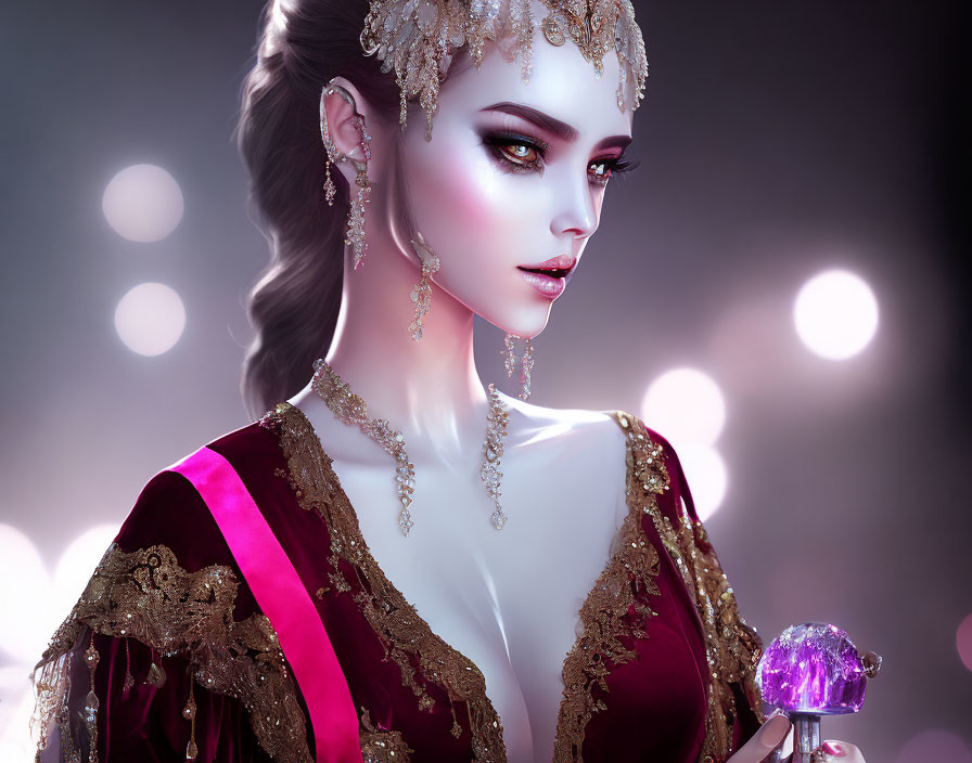 Illustrated portrait of woman with elegant makeup, holding crystal orb, in burgundy garment with gold accents