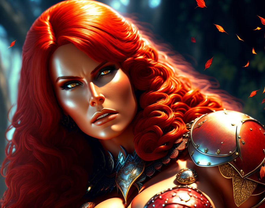 Detailed red-haired warrior woman in armor with blue eyes and autumn leaves.