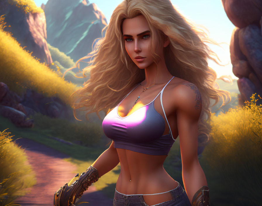 Stylized digital artwork of confident female with long blonde hair in purple top