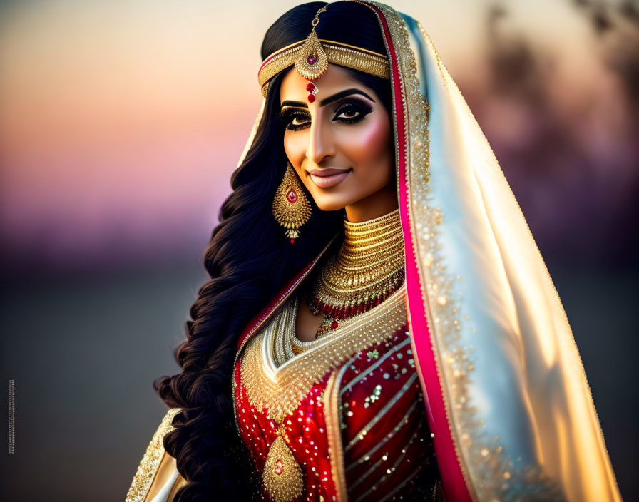 Traditional Bridal Attire Woman with Detailed Hairstyle at Sunset