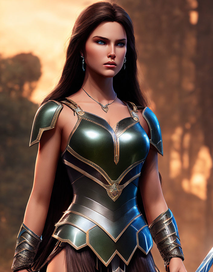 Woman in Fantasy Armor with Dark Hair in Digital Art