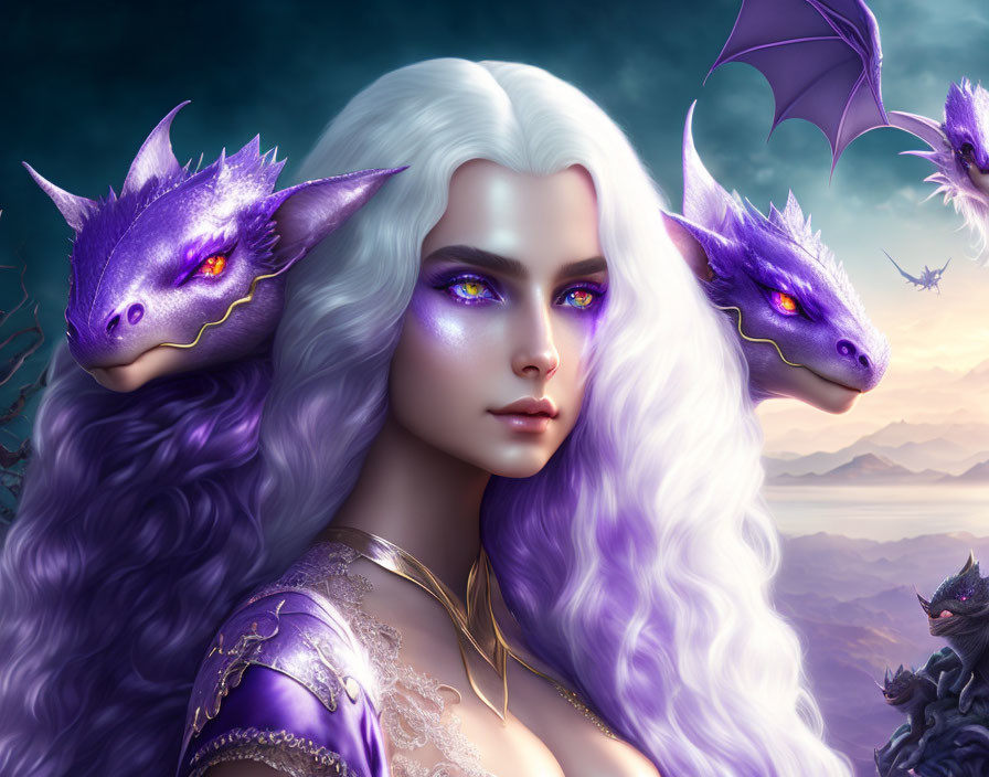 Fantasy portrait of woman with white hair, purple eyes, surrounded by dragons in misty landscape