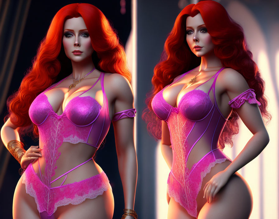 Digital artwork of woman with long red hair in purple and pink lingerie against moody backdrop