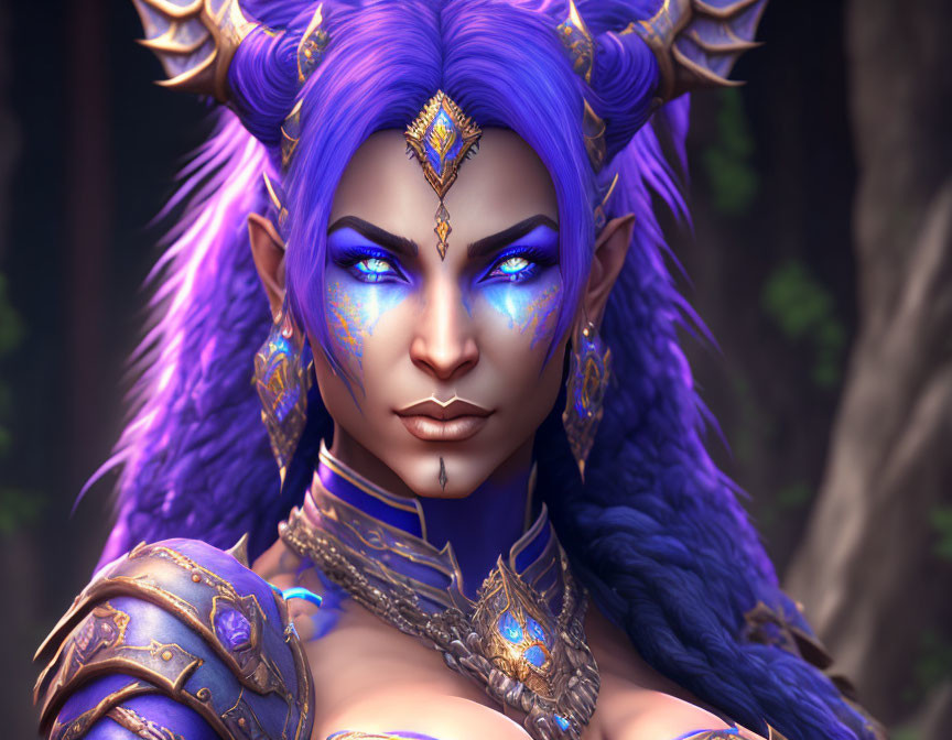 3D-rendered female fantasy character with blue skin, purple hair, golden armor