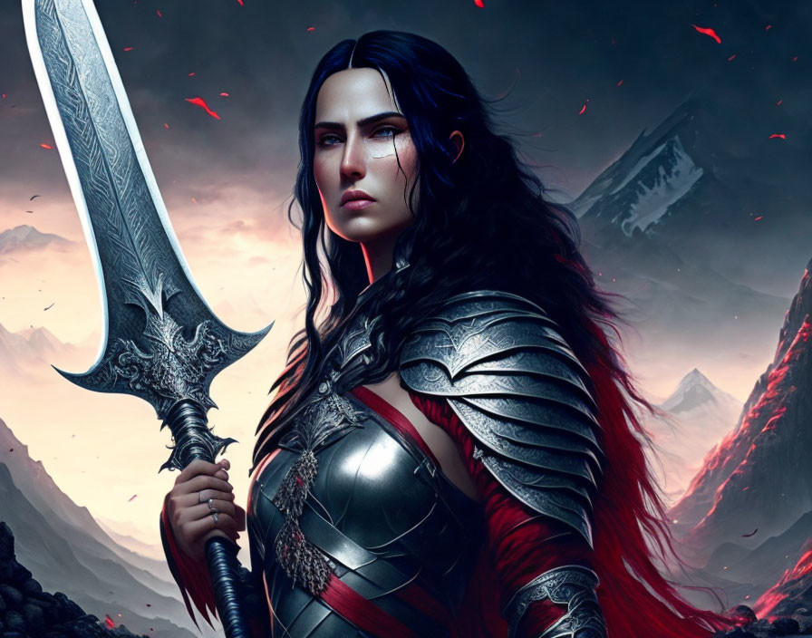 Dark-haired female warrior in detailed armor with massive sword against mountain backdrop