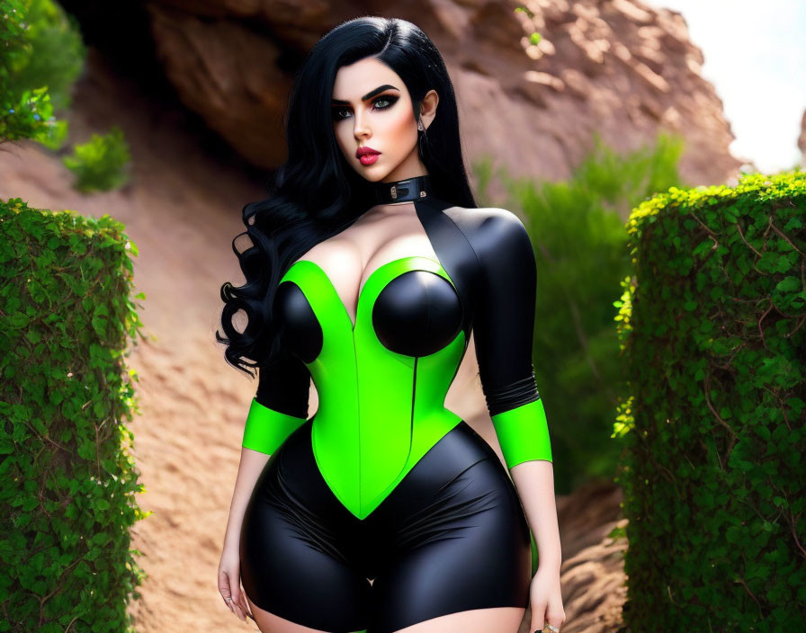 Stylized female character in black and neon green bodysuit in garden setting