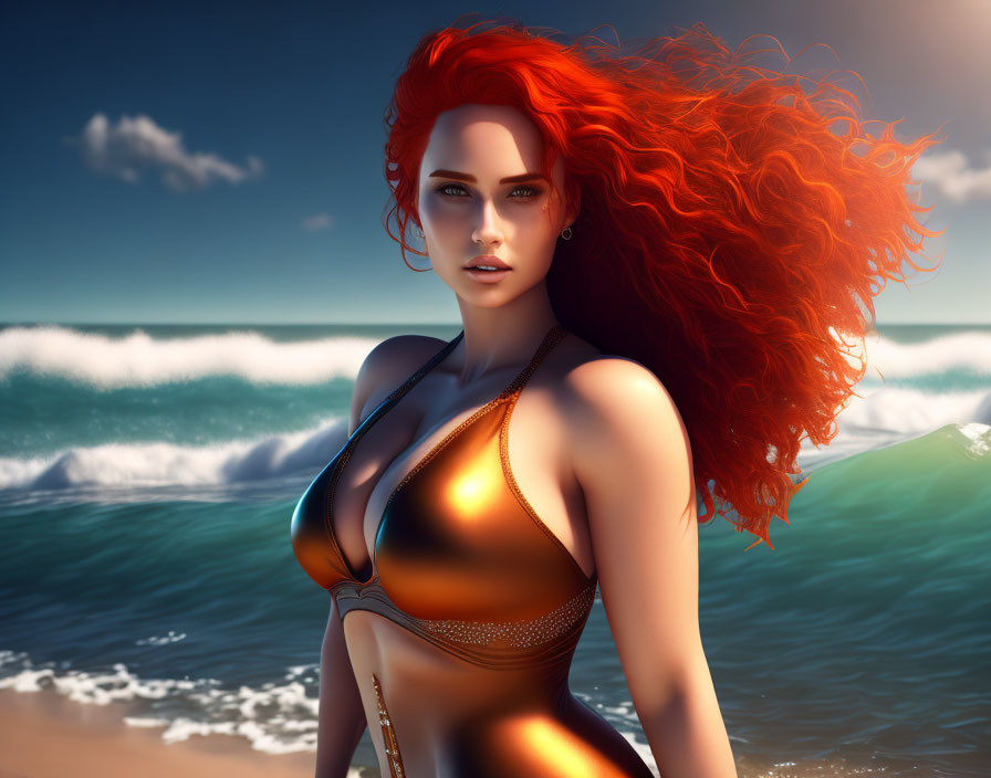 Digital artwork: Woman with red hair, blue eyes, gold swimsuit on sunny beach.