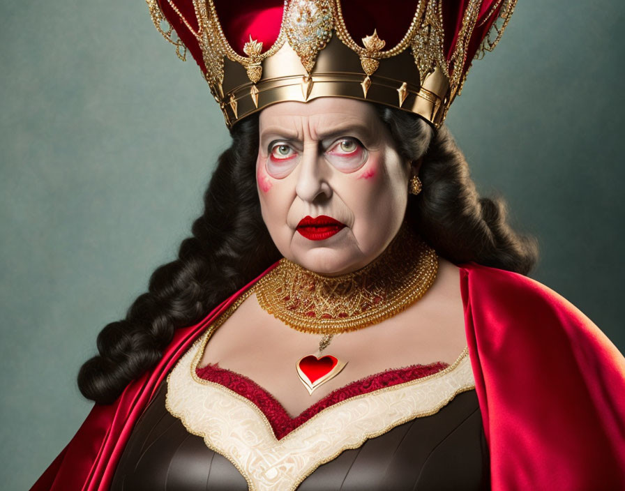 Costumed person as Queen of Hearts with crown, red makeup, heart pendant