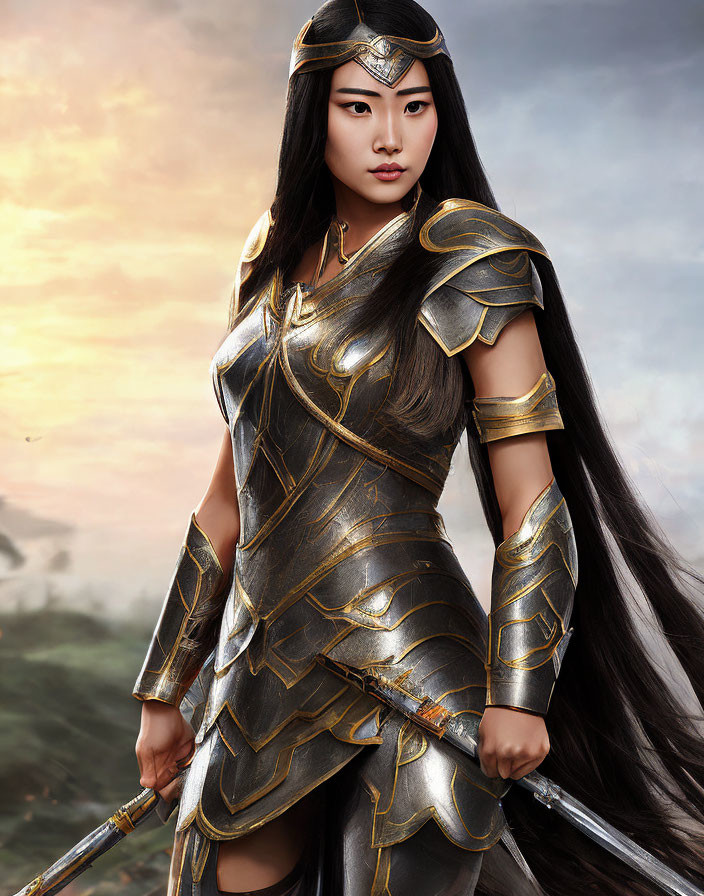 Woman in Golden Armor Ready with Sword Against Sunset Backdrop