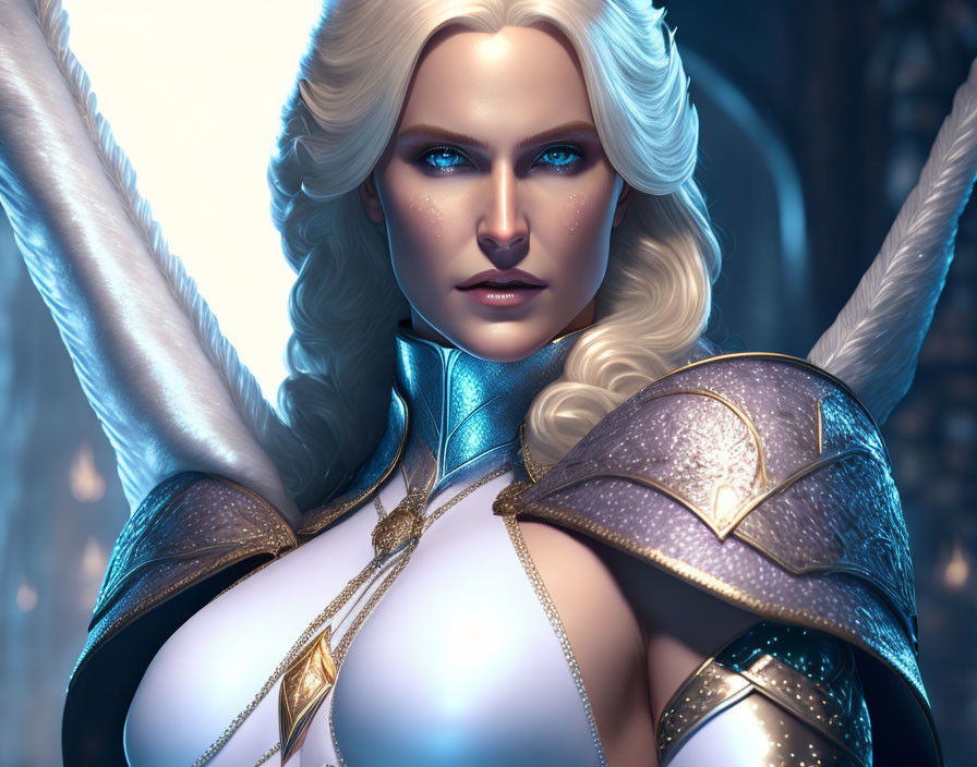 Fantasy female warrior with white hair in silver armor - digital artwork