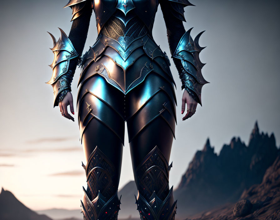 Ornate spiky armor-clad figure in mountainous dusk setting