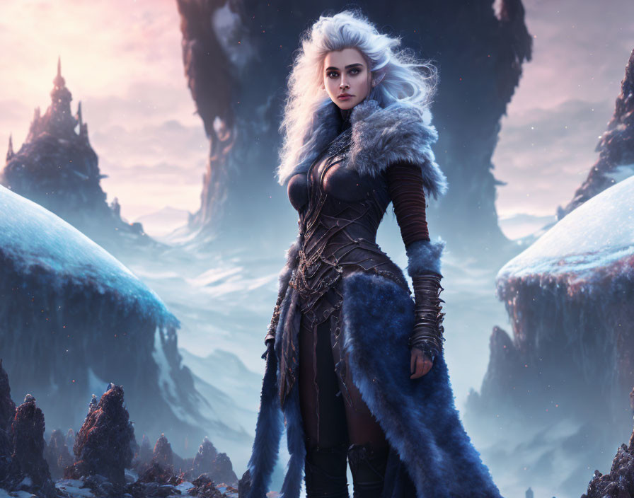 Digital artwork: Woman with white hair, blue eyes in dark armor, fur, icy landscape.