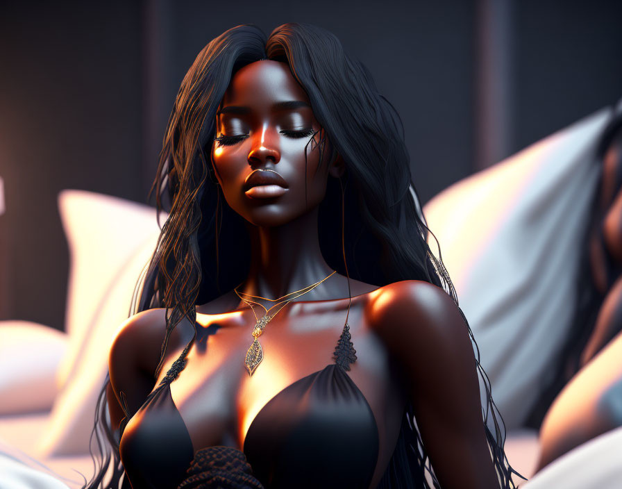 Digital artwork of elegant woman with dark skin, long hair, black dress, and gold jewelry.